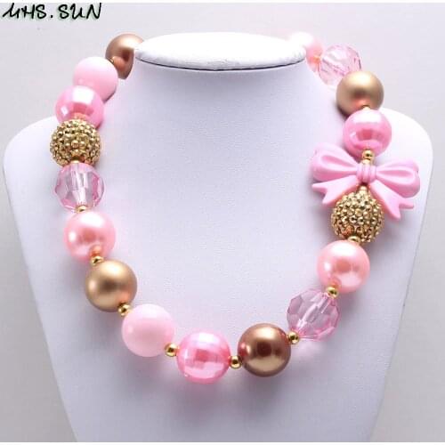 MHS.SUN 5PCS Chunky pink bowknot beaded necklace for kids baby handmade bubblegum necklace jewelry for children party gift