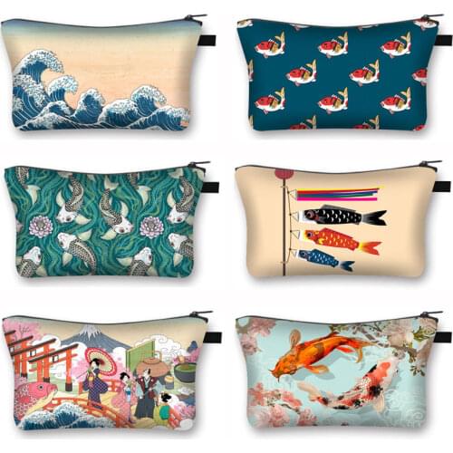 Lucky Cyprinus Carpio Pattern Cosmetic Case Ladies Makeup Bag Japanese Style Lipstick Bags Beauty Red Carp Fish Cosmetic Bag