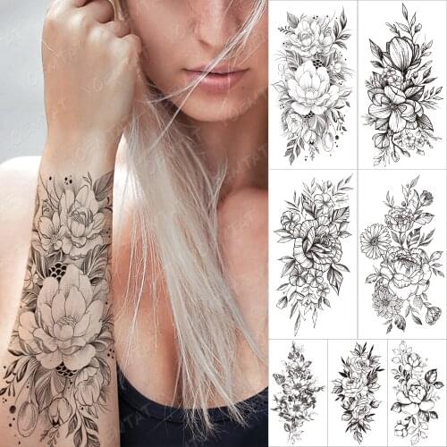 Waterproof Temporary Tattoo Sticker Orchid Flower Tattoos Peony Lotus Lines Painted Rose Body Art Arm Fake Sleeve Tatoo Women