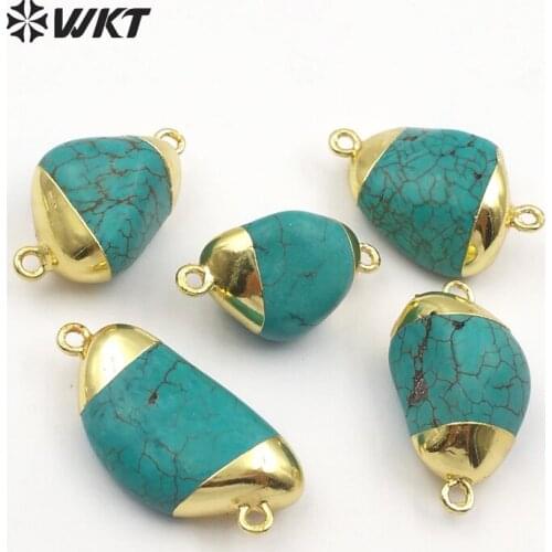 WT-C266 WKT Natural green pattern stone irregular shape random size gold metal double hook connector accessories