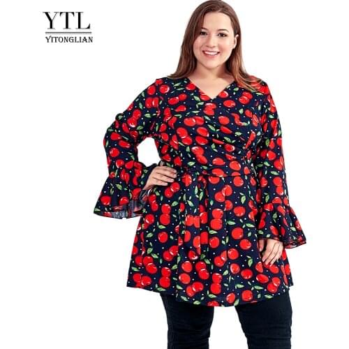 YTL Large Size 6XL 7XL 8XL Women Dress Elegant Cherry Print Long Sleeve Tunic Party Dress Plus Size Dress for Women 4XL 5XL H113