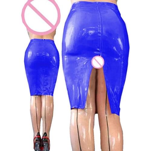 11 Colors Wet Look PVC Pencil Knee Length Split Skirt Ladies Bodycon Midi Skirt Sexy Package Hips Back Full Zipper Bottoms