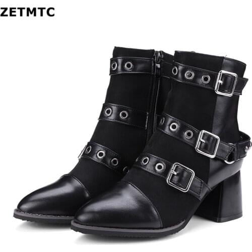 Womens Boots Punk Style Buckle Rivet Ladies Cool Ankle Boots Pointed toe Winter Boots Motorcycle boots Plus Size 32-43