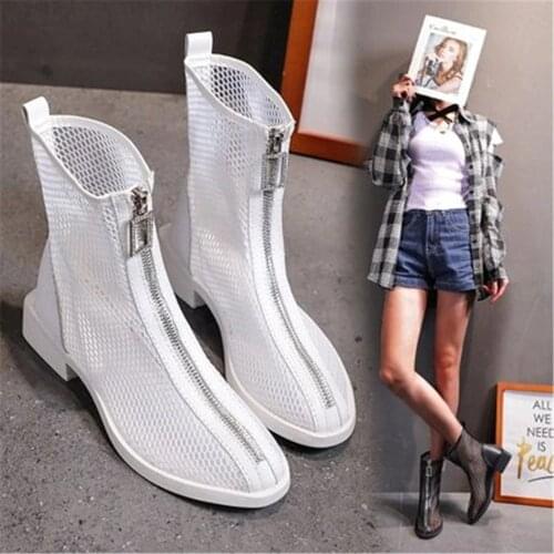 2021 New Summer Mesh Hollow Chelsea Short Boots Women Thin Section Breathable Thick Heel Shoes Female High Top Sandals Big 35-43