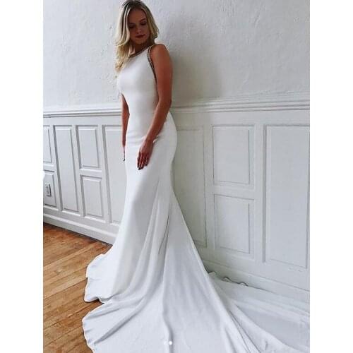 Elegant Long O-Neck Mermaid Wedding Dresses Zipper Back Satin Sweep Train Vestidos de Novia Abendkleid Bridal Gowns for Women