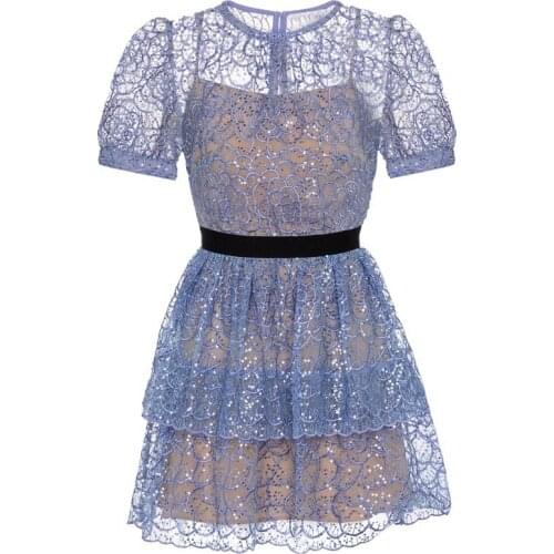 2021 New Arrive Gauze embroidered Women Mini Dress Round Neck Short Sleeve High Waist Slim Blue Two Piece Dress