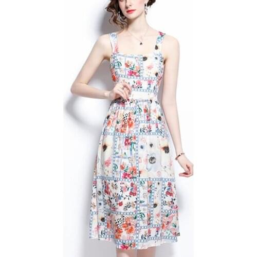 ZAWFL 2021 Fashion Runway Summer Dress Women Spaghetti Strap Lace Splicing Applique Print Slim Mermaid Midi Dress