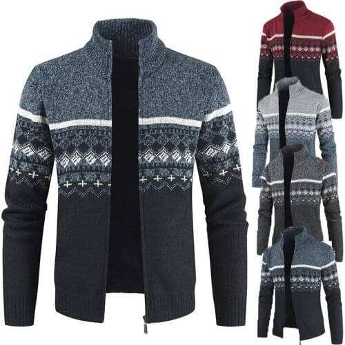 Winter Print Fleece Sweater Men Casual Slim Thick Warm Cardigan Cashmere Coats Autumn Gradient Knitted Zipper Jacket Sweatercoat