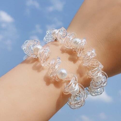 2Pcs/Lot Faxu Pearl Braid Transparent Telephone Wire Line Elastic Rubber Band Hairbands Hair Rope For Girls Headbands
