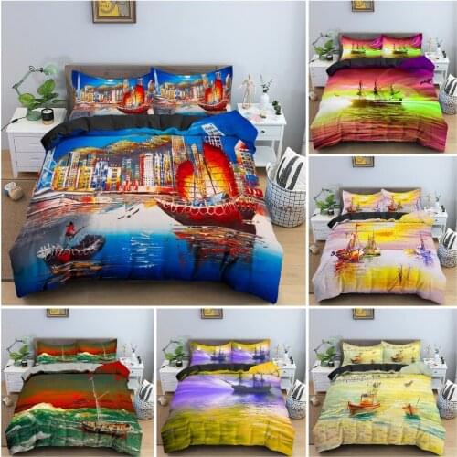 3D Watercolor Sailboat Bedding Set Soft Luxury Duvet Cover Set For Bedroom Decor Pillowcase King Queen Twin Bedclothes 2/3PCS