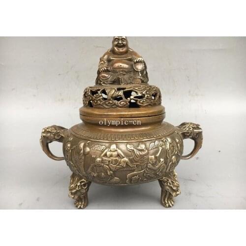 9'' copper carved auspicious clouds bat dogs lion dragon buddha incense burner