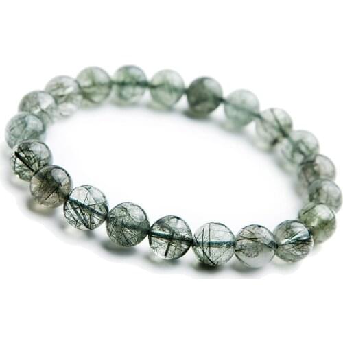 Brazil Genuine Natural Green Rutilated Quartz Bracelets Healing Crystal Stretch Round Bead Bracelet 9mm