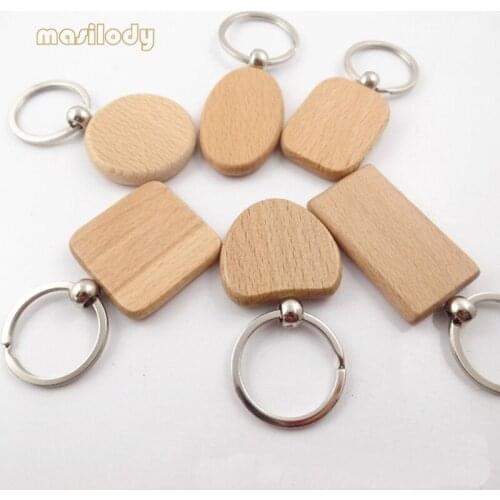 100pcs/Lot Natural Wood keychain Free for DIY 1 Side Logo Beech Wooden Key Chain Square Round Heart Shape Wood Keyring
