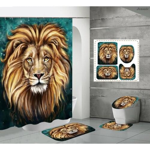 Animal Print Black Shower Curtains Lion Tiger Cheetah 3D Bathroom Curtain Set Anti-slip Bath Mat Soft Toilet Lid Cover Home Rugs