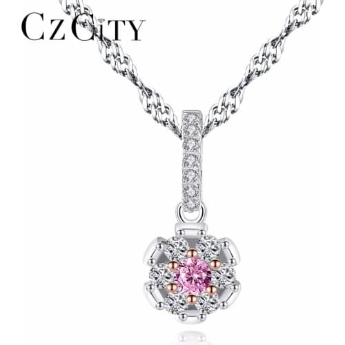 CZCITY Fashion Flower Shape Pendant Pink Crystal Zircon Stone for Women Elegant 925 Silver Sterling Pendants Necklaces Jewelry