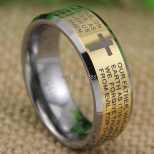 Cheap Price Free Shipping 2013 USA Hot Selling 8MM The Lord Prayers Golden Silver Beveled Tungsten Ring Mens' Wedding Band Ring