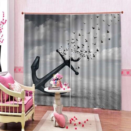Custom Grey sky Ship Anchor And Little bird Curtain Marine Life Inspired For Living room Bedroom Blackout Window Drapes Decor
