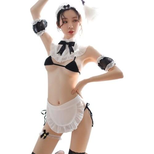 2Pcs Cute & Sexy Anime Maid Cosplay Striped Otaku Lingerie Set Lolita Girly Underwear Chiffon Ruffle Intimates & Pants Set