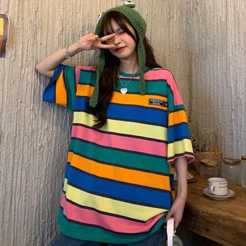 Summer Rainbow Stripes Short Sleeve t-Shirts Female Oversized Harajuku Patchwork t-Shirt Hip Hop Streetwear Women y2k Top 2021