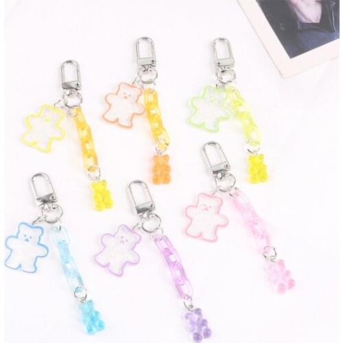 Ins New Cute Womens' Bear Keychains Girl Heart Jelly Color Open Ring Chain Keyring for Airpods Case Backpack Bag Car Key Pendant