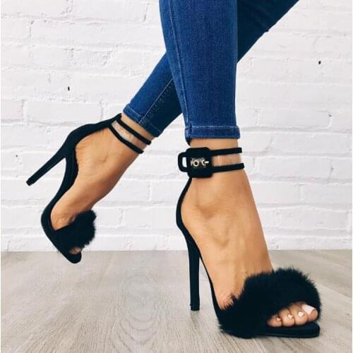 New Fashion Faux Black Fur Women Open Toe High Heels Clear PVC Ankle Buckle Ladies Sexy Party Shoes 12CM Heels Summer Sandals