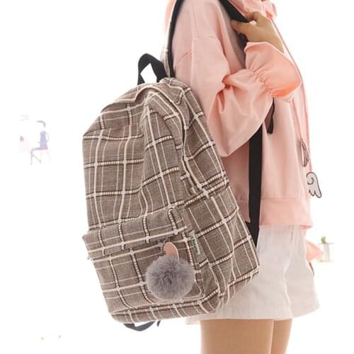 2019 new design plaid linen girls backpack women leisure bag teenager school student book daily shopping young