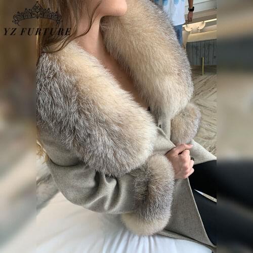 Fashion Real Fur Coat Winter Jacket Women Natural Fox Fur Collar Cashmere Woolen Blends Coats Outerwear Streetwear Winter Warm