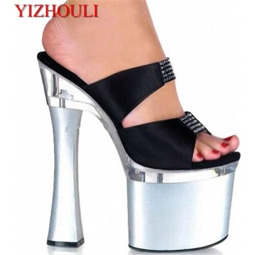 Sexy Platform Summer Shoes Female 18cm Ultra High Heels Rhinestone Slippers Lady 7 Inch High Heels Dance Shoes