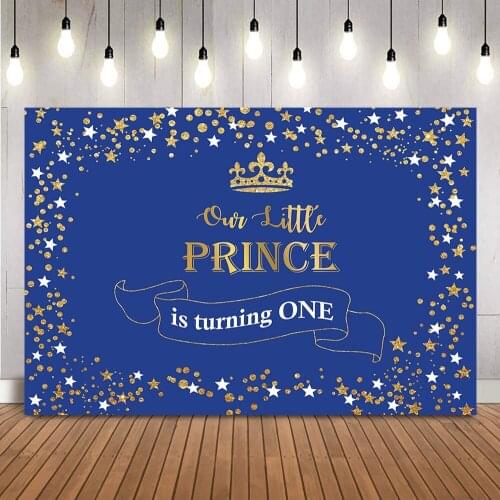 Little Prince 1st Birthday Backdrop Golden Crown First Birthday Party Decoration Blue Background for Family Banner Children Kids