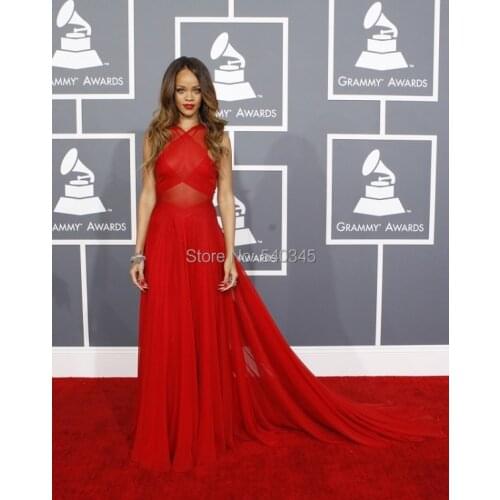 Inspired Dresses 55th Grammy Awards Red Carpet Celebrity Dresses A Line Sheer Crisscross Chiffon Red Chapel Train R1