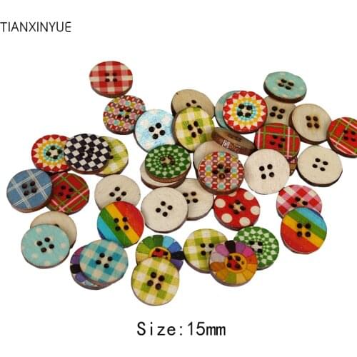 TIANXINYUE Button 100 pcs lattice button, Print 4 Holes Wooden Buttons 15mm Sewing Scrapbooking Crafts,Clothing accessories