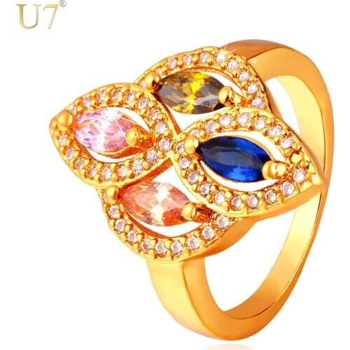 U7 Crystal Clover Engagement Rings for Women Trendy Gold Color Cubic Zirconia Statement Wedding Bands Ring R394