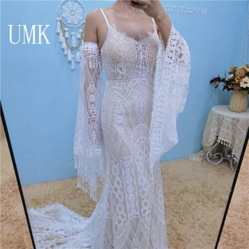 UMK Unique Bohemia Mermaid Wedding Dress 2021 Vintage Lace Tassel Flared Sleeves Bridal Gowns Sexy Backless Vestido De Noiva