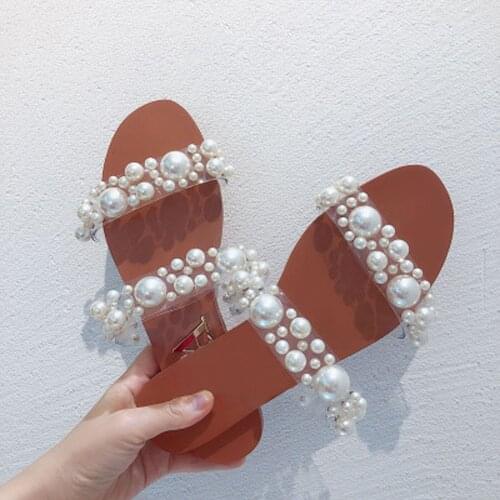 2021 fashion Women Bohemian Pearl Slippers Flat Bottom Sandals Summer Open Toe Ladies Shoes Crystal Flip Flops Shoes zapatos
