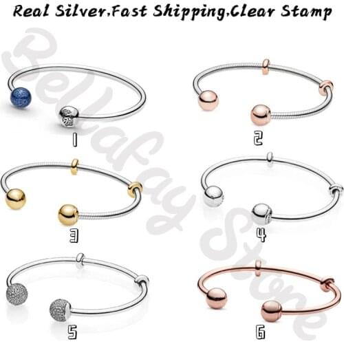 Real 925 Sterling Silver Women Bracelets Moments Snake Chain Style Open Bangles Sparkling Caps Fits Original Charms Beads Femme