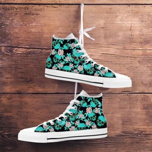 ELVISWORDS Gothic Skeleton Sugar Skull with Flowers Printing Woman Lace Up High Top Canvas Shoes Autumn Spring Vulcanized Shoes