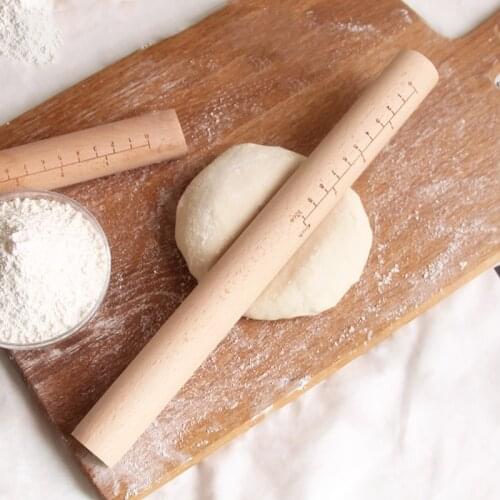 Kitchen Wooden Rolling Pin With Scale Natural Beech Smooth Dough Roller Home Pastry Bread Baking Tools Kitchen Accessories 1PC