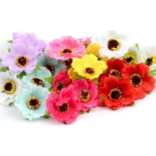 100pcs/lot 4Cm Mini Poppy Silk Cherry Blossoms Artificial Rose Flower Heads For Wedding Decoration Scrapbooking DIY Wreath
