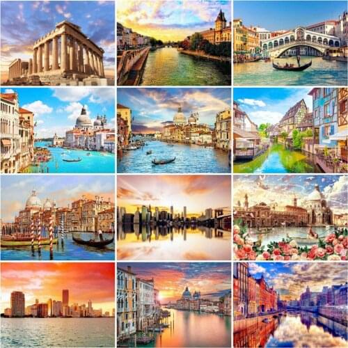 HUACAN 5D Diamond Painting Seaside City Cross Stitch Full Drill Diamond Mosaic Sunset Decoration For Home