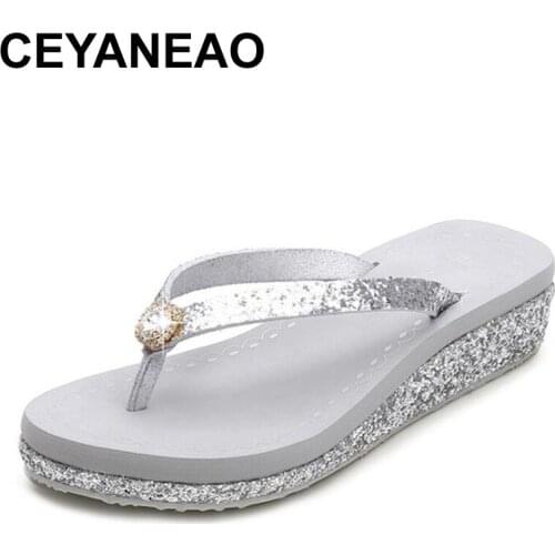 CEYANEAO Fashion Women Rhinestone Wedge Heel Sandals Lady Casual Platform Flip Flops Slippers