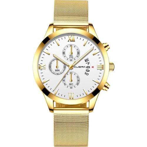 Relogio Masculino CUENA Luxury Quartz Watch for Men Gold And Blue Dial Watches Sports Watches Chronograph Mesh Belt Wrist Watch