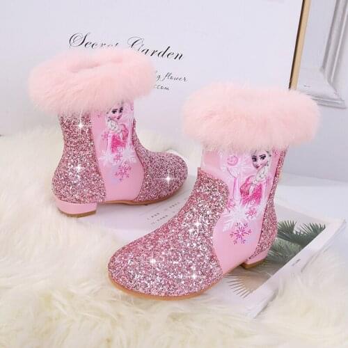 Children Autumn Winter Princess Boots Cute Warm Beads Cartoon Girls Elsa Boots Antislip Leather Kids Cartoon Boots