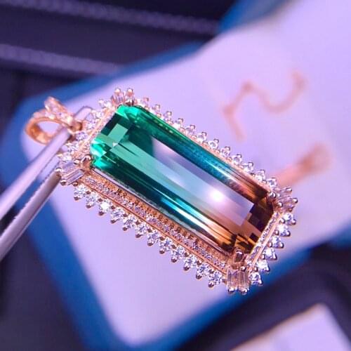 E326 Fine Jewelry Solid 18K Gold 100% Natural 15.9ct Watermelon Tourmaline Diamonds Gemstone Diamond Womens Pendants Necklaces