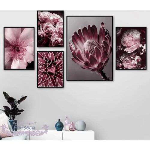 Pink Flower Plant Canvas Painting Peony Imperial Flower Dahlia Beauty Plum Leaves Posters and Prints Nordic Wall Art Pictures