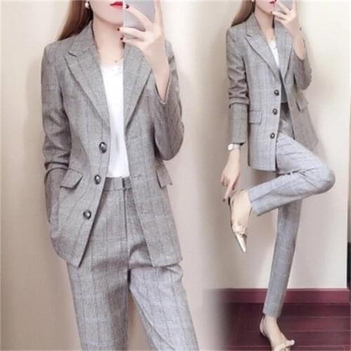 Plaid suit suit female spring and autumn 2018 New Korean ladies fashion Slim trousers casual two-piece Women Pant Suits