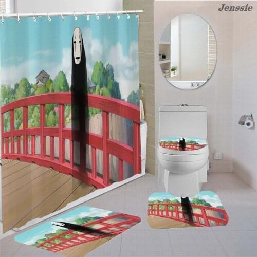 Cartoon Spirited Away Shower Curtain With Non-slip Bath Mat U-shaped Cushion Toilet Cover Hayao Miyazaki Anime Bath Screen