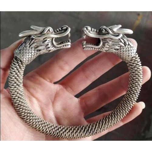 Chinese Tibet Silver Bangle Carved Dragon Head Men A Bracelet