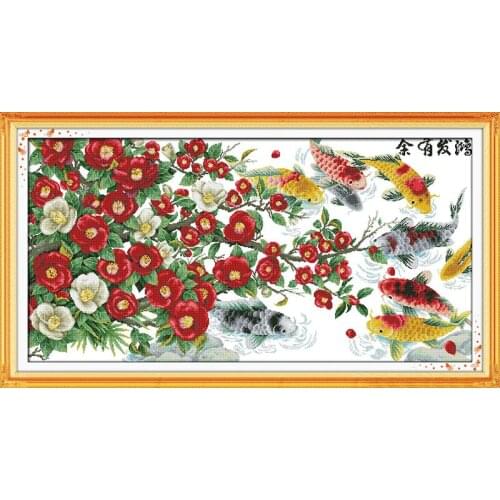 Flowers and fishes cross stitch kit 14ct 11ct pre stamped canvas cross stitching animal lover embroidery DIY handmade needlework