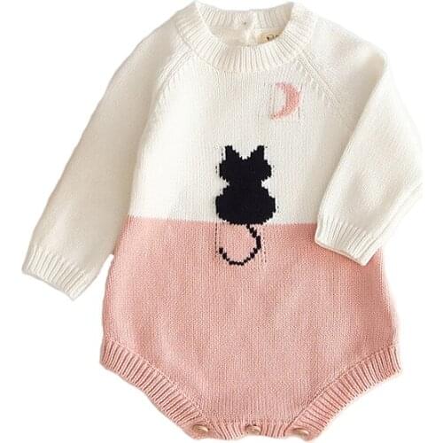 Adorable mouse embroidery long sleeve romper baby girls cotton knitted jumpsuit toddler girls overalls children pajamas 0-24m