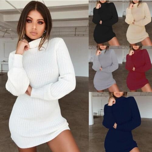 Autumn Winter High Collar Knitted Long Sleeves Thickening Warm Lady Sweater Sexy Slim Fit Sweater Dress Fashionable Simple